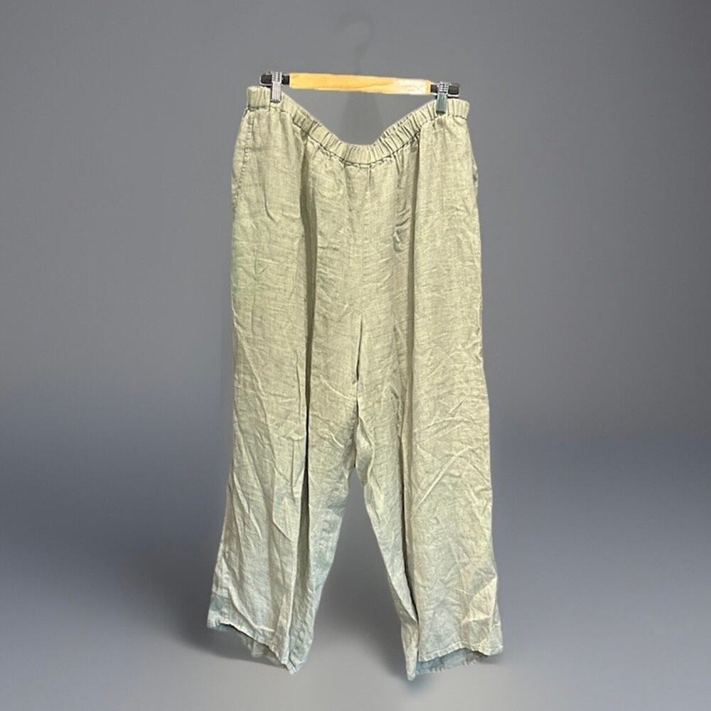 FLAX Green Boho Lagenlook Coastal Grandma Wide Leg Linen Pants XL/2XL - Picture 2 of 9